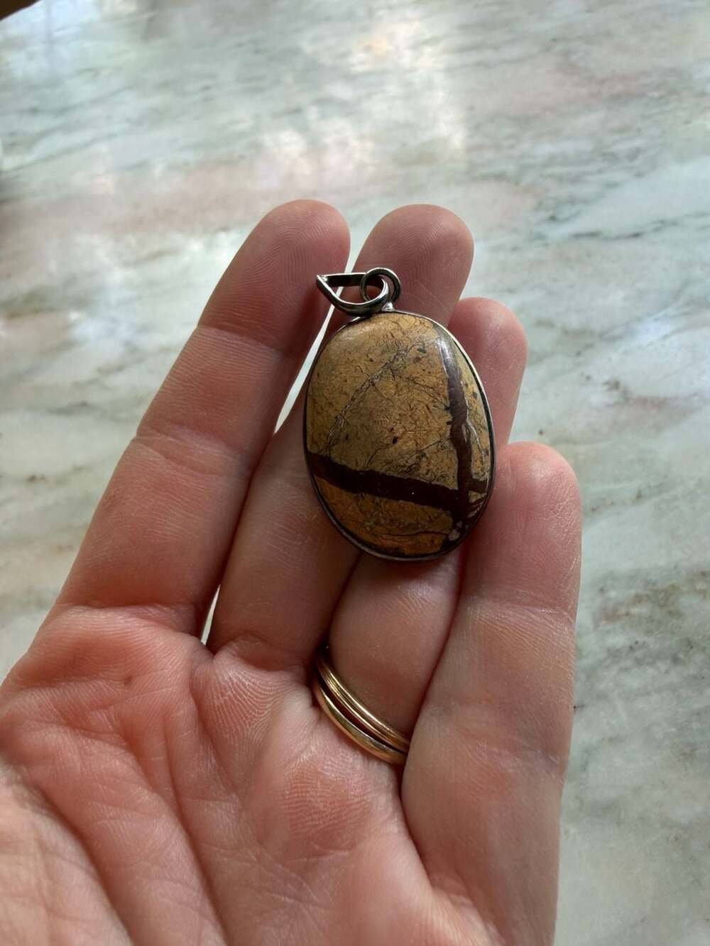 Oval Brown Picture Jasper Stone Pendant in Faux Silver Setting